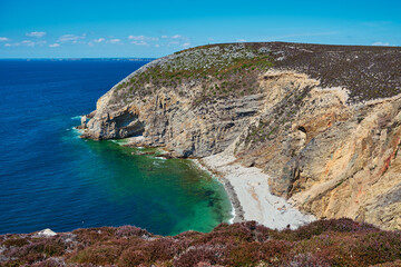 Cap de la Chevre and sea coast in Brittany (Bretagne), France, focus on the big rock in the middle