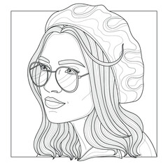  Girl in a beret and glasses.Coloring book antistress for children and adults. Zen-tangle style.Black and white drawing
