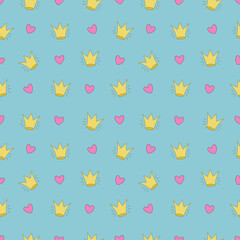 Simple seamless pattern with crowns and heart for invitation card, wrapper and decoration party. Vector Illustration