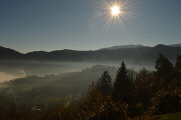 The dramatic and misty mountain landscape in Transylvania, Romania