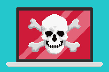 Pixel art style vector illustration of virus skull on laptop screen. Security vector illustration, flat cartoon design desktop pc, concept of firewall protection, privacy access,