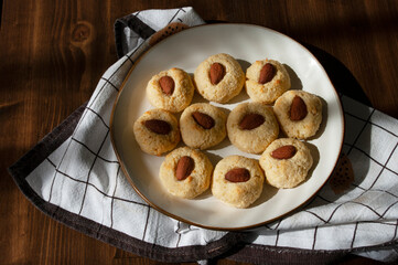 Cococnut cookies, with cream cheese and almonds. Home kitchen sweets, baked. christmas recipe .