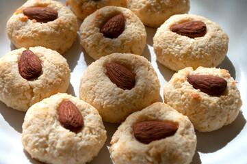 Cococnut cookies, with cream cheese and almonds. Home kitchen sweets, baked. recipe photo.