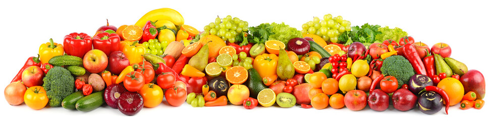 Panoramic composition of ripe, juicy fruits, berries and vegetables isolated on white