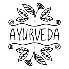 Ayurveda product label. Suitable for packaging, web designs, advertising products. Hand drawn black and white linear pattern. Lettering. Indian traditional medicine. Ayurveda