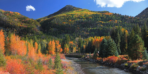 Small over Crystal river in rural Colorado surrounded with fall foliage.
