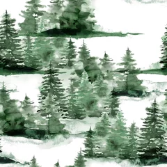 Watercolor Christmas seamless pattern with winter green forest. Hand painted fir trees and snow illustration isolated on white background. Holiday illustration for design, print, fabric or background.