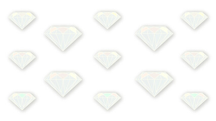 Diamonds seamless pattern on white background, transparency effect, isolates. Horizontal illustration.