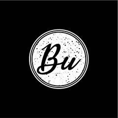 B U Initial Handwriting In Black and White Circle Frame Design