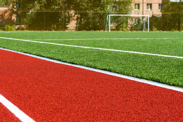 soccer gates. Football goal at the stadium. Football field with artificial lawn. Concept other party of soccer.  At stadium.