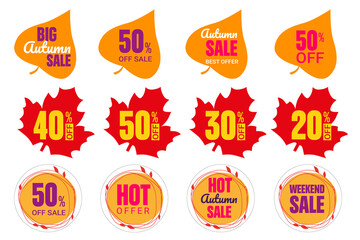 Set of autumn stickers in form of fall leaves. Vector elements for 50%, 40%, 30%, 20% discount tags, promotion stickers, lables, flyer, banner, button and poster design isolated on white background.