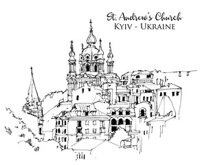 Drawing sketch illustration of St. Andrew's Church in Kyiv, Ukraine
