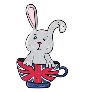 English Tea Party with Rabbit or Hare. Fairy tale. Vector in Children's Style.
