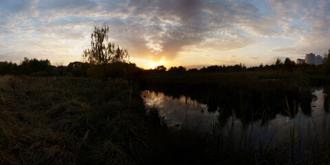 Autumn walks through forests and fields, beautiful panorama.