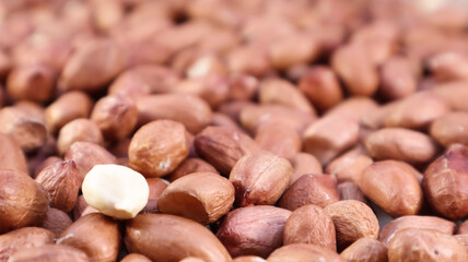 Heap of raw peanuts. Cultivated peanuts, underground or groundnuts. Plant of the legume family. Agricultural crop on an industrial scale. South America is considered the birthplace of peanuts.