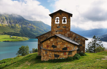Fototapeta premium Chapel of Roselend near Cormet de Roselend pass, Savoie, France