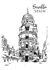 Obraz premium Drawing sketch illustration of Edifico la Adriatica in Sevilla, Spain