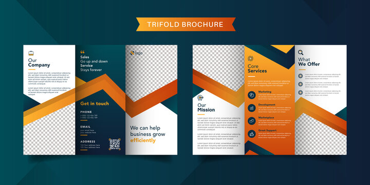 Corporate business trifold brochure template. Modern, Creative and Professional tri fold brochure vector design. Simple and minimalist promotion layout with orange color.
