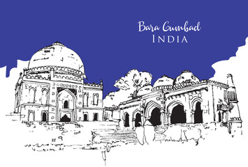 Drawing sketch illustration of Bara Gumbad, India