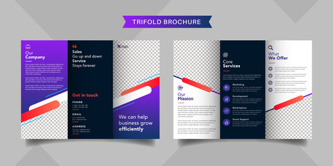 Corporate business trifold brochure template. Modern, Creative and Professional tri fold brochure vector design. Simple and minimalist promotion layout with purple color.