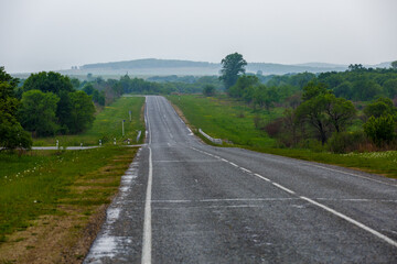 Fototapeta na wymiar Asphalt road receding into the distance among green fields