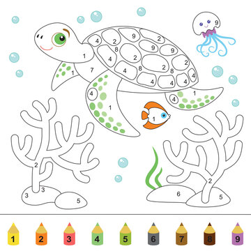 Funny sea turtle, tropical fish, jellyfish and corals. Undersea world. Coloring book for children, Coloring by numbers.