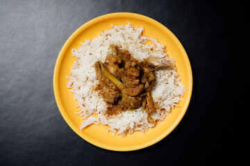 top view of chicken with rice indian style food