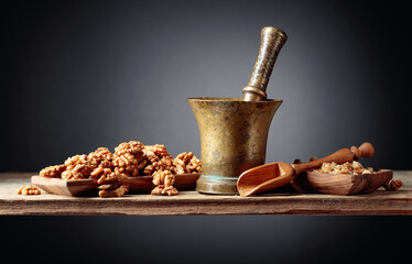 Crushed and whole walnuts in a wooden dish on an old wooden table.
