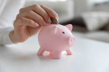 Close up crop of provident woman put coin in piggy bank saving money for future. Economical female manage household budget, take care of family house finances expenditures. Investment concept.