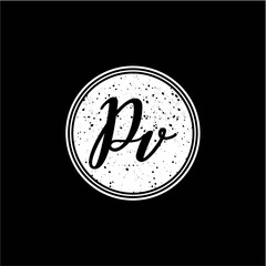 P V Initial Handwriting In Black and White Circle Frame Design