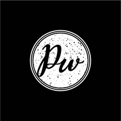 P W Initial Handwriting In Black and White Circle Frame Design