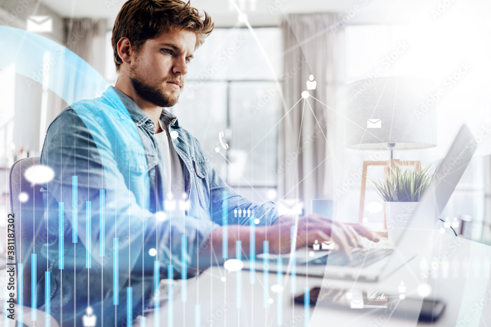 Wall mural man working remotely at home. concept of networking or remote work. global business network. online 