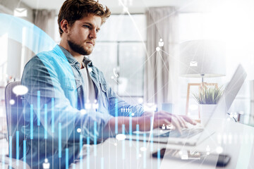 Man working remotely at home. Concept of networking or remote work. Global business network. Online...