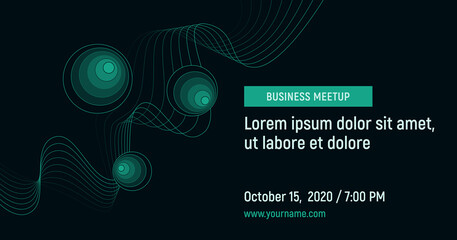Business meetup with abstract elements and contact data on a dark background. Light green vector template for the webinar, conference, flyer, meetup, party, event, web-header