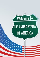 USA travel illustration. Road sign Welcome to the United States of America. United States of America greeting card.