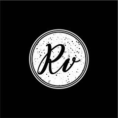 R V Initial Handwriting In Black and White Circle Frame Design