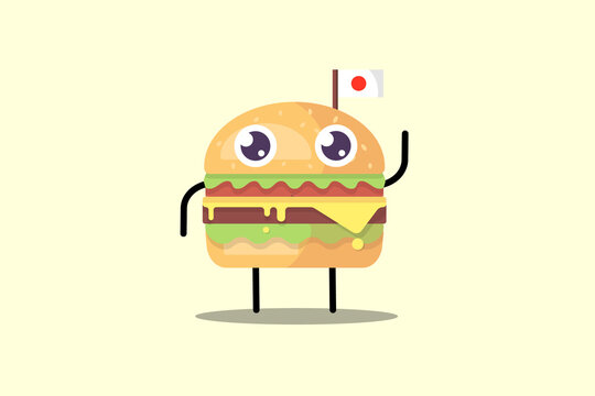 A cute illustration of a burger on which there is a Japanese flag that is identical to the anime