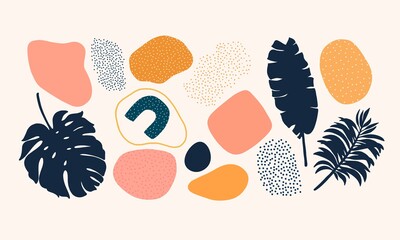 Set of Creative art elements with natural simple hand painted shapes and exotic leaves, monstera.
