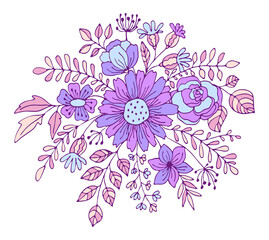 Hand drawn bouquet with flowers and leaves.Blue and violet vector floral illustration. Botanical ink pen drawing for modern decor, cards, logo, tattoo.