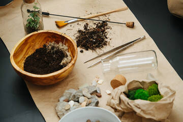 Mat on the floor with indoor gardening theme items. Pot with soil, stones, moss bulbs, clay stones, pincers.