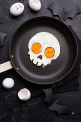 Fried eggs in the shape of a skull. Halloween breakfast.