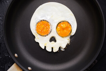 Fried eggs in the shape of a skull. Halloween breakfast.