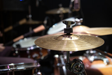 Obraz premium Cropped image of drum set. Drum kit with crash, ride, splash cymbal.