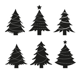 Set of Christmas trees silhouette with garland. Black symbol winter trees collection for holiday xmas and new year.