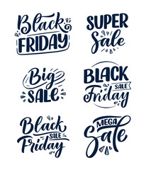 Set with Black friday lettering in modern calligraphy style. Slogans for promotion template and sale banner. Vector