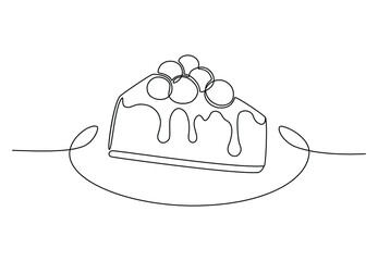 Сontinuous one line drawing of cheesecake with cherries for logo. Hand drawn piece of cake minimalist design, cafe and bakery concept. Vector illustration isolated on white background