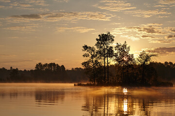 morning fog, dawn on the lake, Karelia, nature
