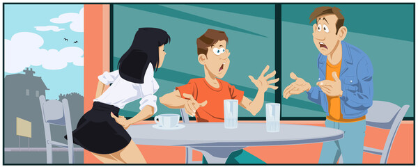 Friends quarrel in cafe. Illustration for internet.