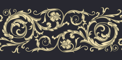 Baroque golden elements. Swirls for design. Vintage print on a black background. Vector seamless border.  - 381193938
