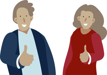 hand is displaying a thumbs up. happy man and woman like or approve of something on white background. Flat vector color illustration